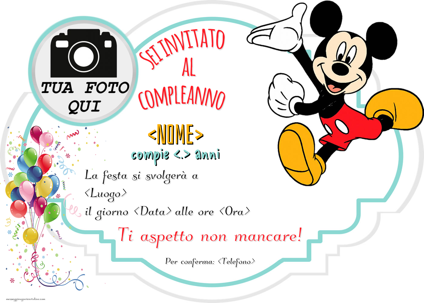 Biglietto Invito Con Foto Del Festeggiato E Mickey Mouse | Crea Inviti ...