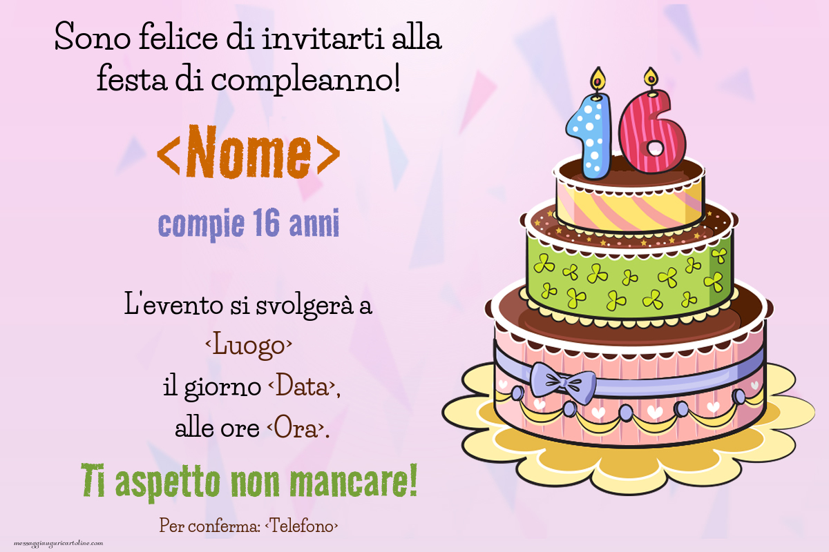 Invito Per 16 Anni Di Compleanno Con Torta E Candela | Crea Inviti ...