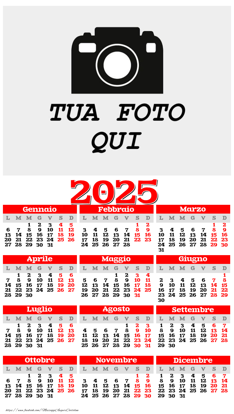 Calendario 2025 con foto Rosso classico Modello 004 Calendari