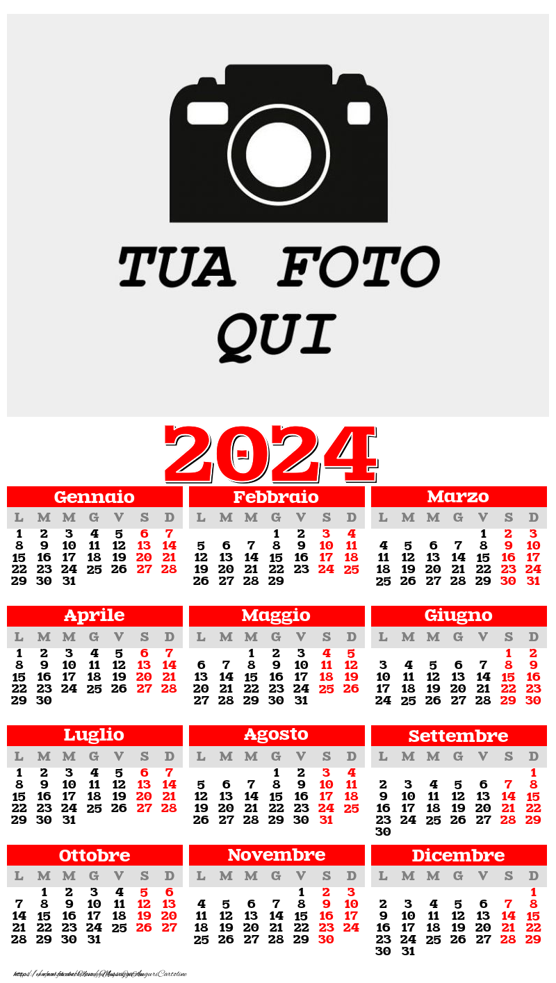 Calendario 2024 Con Foto - Rosso Classico - Modello 004 | Calendari ...